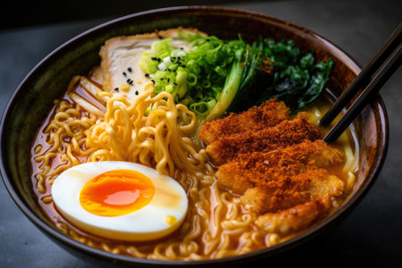 Close-up image of spicy chicken katsu ramen bowl with noodles, egg, and vegetables, AI Generatedの素材