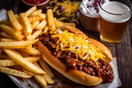 Close-up of a bowl of chili con carne chili dogs with melted cheddar cheese, served with a side of crispy french fries and a cold beer, AI Generatedの素材