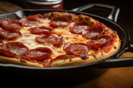 Close-up of a deep-dish pizza with layers of pepperoni, sausage, cheese, and tomato sauce in a cast iron skillet, AI Generatedの素材