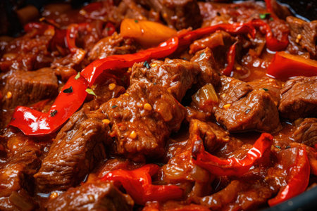 close-up of a bubbling goulash with juicy chunks of beef, red bell peppers, and a hint of caraway seeds, AI Generatedの素材