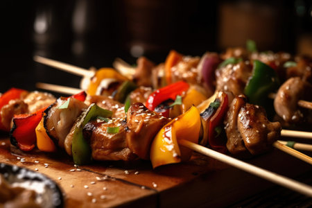 Appetizing close-up of yakitori skewers loaded with savory chicken, shiitake mushrooms, and crunchy bell peppers, garnished with sesame seeds, AI Generatedの素材