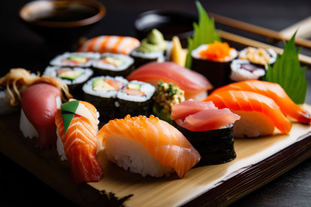 Close-up of a beautiful sushi platter with various types of rolls, nigiri, and sashimi, demonstrating the diversity and creativity of Japanese cuisine, AI Generatedの素材