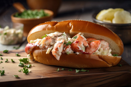 Close-up of a Lobster Roll Served on a Wooden Board with a Cup of Creamy Chowder, AI Generatedの素材