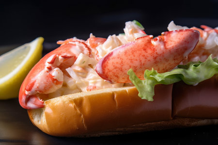 Close-up of a Fresh Lobster Roll with Creamy Mayo, Chunks of Lobster Meat, and a Squeeze of Lemon, AI Generatedの素材
