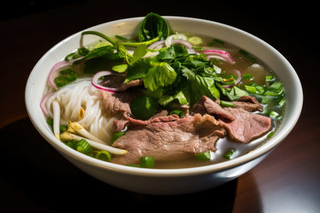 Close-up of a Pho Tai, a bowl of steaming hot Pho soup with rare beef slices, onions, and scallions, garnished with cilantro and basil leaves, AI Generatedの素材