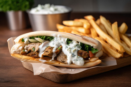 Close-up of a gyro sandwich with crispy, golden-brown fries and a side of tangy tzatziki sauce for dipping, AI Generatedの素材
