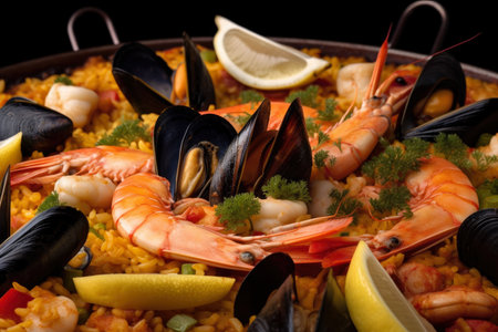 Close-up of a mouth-watering paella with a medley of fresh seafood including mussels, clams, and prawns, AI Generatedの素材