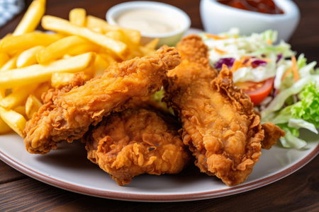 Close-up of a plate with several pieces of juicy and crispy fried chicken, seasoned with a mix of spices, served with French fries and coleslaw, AI Generatedの素材