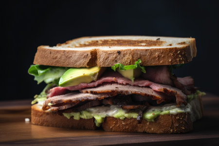 Close-up of a mouth-watering roast beef sandwich with crispy bacon and creamy avocado on toasted sourdough bread, AI Generatedの素材