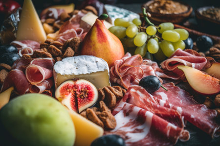 Close-up of a mouth-watering prosciutto wrapped melon on a charcuterie board with other cured meats, cheese, fruits, and nuts, AI Generatedの素材