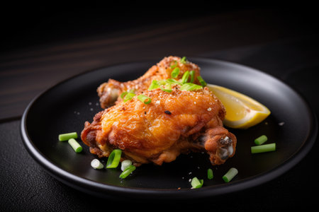 Close-up of a spicy fried chicken drumstick with green onions and lemon wedges on a black plate, AI Generatedの素材