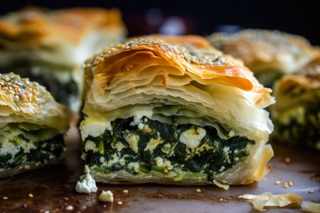 Close-up of a spinach and feta boureka with crumbly, buttery layers and green herbs sprinkled on top, AI Generatedの素材