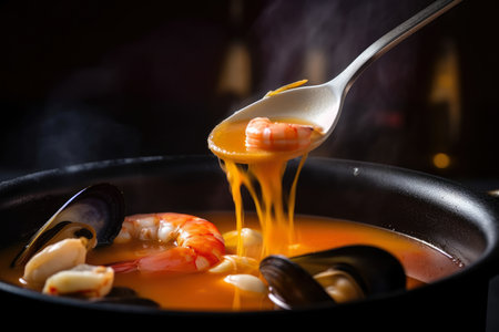 Close-up of a spoon scooping up the rich and flavorful Bouillabaisse soup with steam rising from the bowl, AI Generatedの素材
