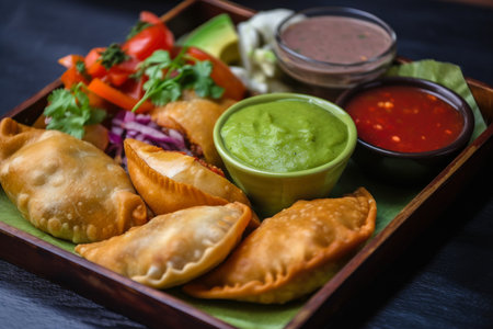 Close-up of a tray of assorted empanadas with different fillings and a side dish of fresh salsa and guacamole, AI Generatedの素材