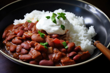 Close-up of a spoonful of red beans and rice topped with a dollop of sour cream and diced tomatoes, AI Generatedの素材