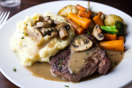 Close-up of a steak covered in a creamy mushroom sauce with a side of roasted vegetables and mashed potatoes on a white plate, AI Generatedの素材