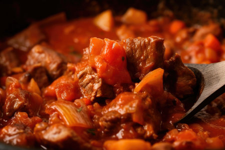 Close-up of a spoonful of Goulash being scooped from a cast-iron pot, showingcasing the rich, red sauce and tender chunks of beef and vegetables", AI Generatedの素材