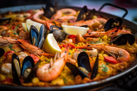 Close-up of a traditional Paella pan with sizzling hot rice, seafood, vegetables and aromatic herbs, AI Generatedの素材