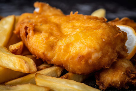 close-up of a succulent piece of battered fish with crispy golden-brown coating served with hot and freshly fried chips, AI Generatedの素材