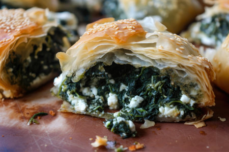 Close-up of a spinach and feta boureka with crumbly, buttery layers and green herbs sprinkled on top, AI Generatedの素材