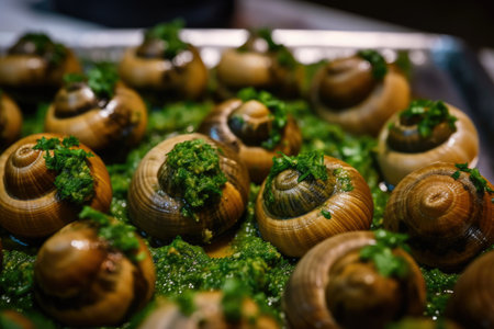 Close-up of Escargots, beautifully arranged with a sprinkle of parsley and drizzle of garlic butter, AI Generatedの素材