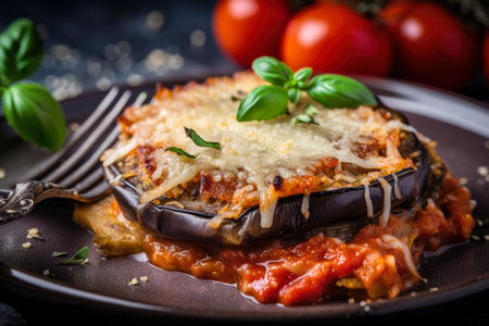 Close-up of Hearty Eggplant Parmesan with Fresh Tomato Sauce and Aromatic Herbs, AI Generatedの素材