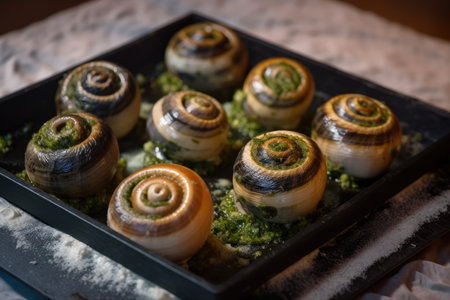 Close-up of Escargots, elegantly presented on a bed of rock salt with garlic butter and a sprinkle of parmesan cheese, AI Generatedの素材