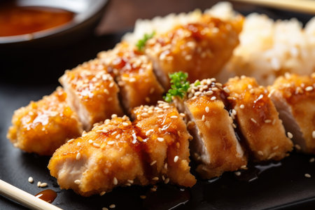 Close-up of chicken katsu skewers with teriyaki glaze and sesame seeds, AI Generatedの素材