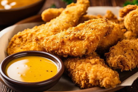 Close-up of a tray with fried chicken tenders, coated in seasoned breadcrumbs, served with a side of honey mustard dipping sauce, AI Generatedの素材