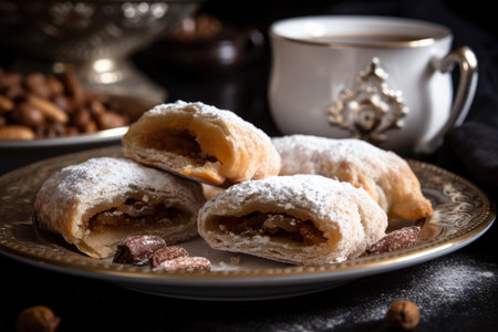 Close-up of bourekas with a sweet filling of chopped dates, nuts, and cinnamon, dusted with powdered sugar and served with a cup of hot tea, AI Generatedの素材