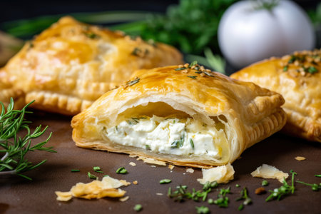 Close-up of bourekas filled with creamy ricotta cheese and fresh herbs, with a buttery, flaky crust that shatters on the first bite, AI Generatedの素材