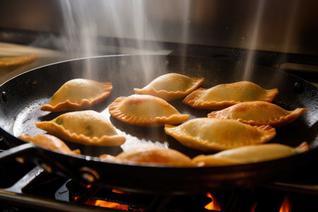 Close-up of empanadas being fried in a pan, showing off their crispy and golden exterior with steam rising from the hot oil, AI Generatedの素材
