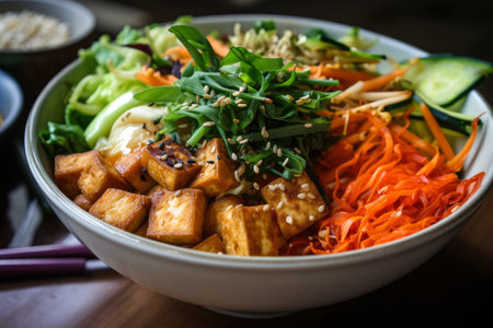 Close-up of Bibimbap's crispy and flavorful tofu, seasoned to perfection and paired with an array of fresh and crunchy vegetables, AI Generatedの素材