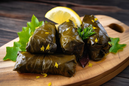 Close-up of delicious stuffed grape leaves with appetizing filling served on a rustic wooden platter garnished with lemon wedges and olives, AI Generatedの素材
