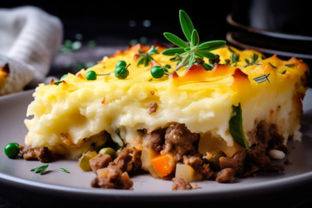 Close-up of delicious Shepard's pie with golden-brown mashed potato topping and rich, savory meat filling, AI Generatedの素材