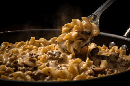 Close-up of a wooden spoon scooping a generous serving of beef stroganoff from a pan, with steam and the aroma of the dish wafting from the spoon, AI Generatedの素材
