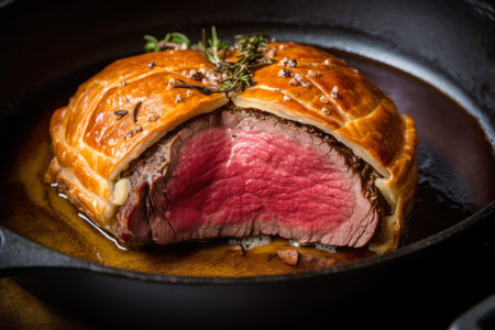Close-up of beef Wellington cooking in a cast-iron skillet, with seared edges and tender beef on the inside, AI Generatedの素材
