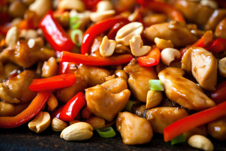 Close-Up of Kung Pao Chicken with Red Peppers and Roasted Peanuts, AI Generatedの素材