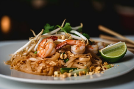 Close-up of Pad Thai Noodles with shrimp, bean sprouts and lime on a white plate, AI Generatedの素材