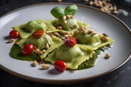 Close-up of Ravioli dish with fresh pesto sauce and cherry tomatoes, garnished with pine nuts and basil leaves, AI Generatedの素材
