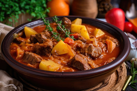 Close-up of Hungarian-style goulash with chunks of tender beef, onions, and potatoes, garnished with a sprig of thyme, AI Generatedの素材