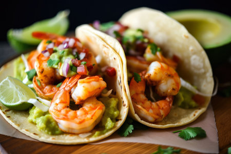 Close-up of Spicy Shrimp Scampi Tacos with Salsa and Guacamole, AI Generatedの素材