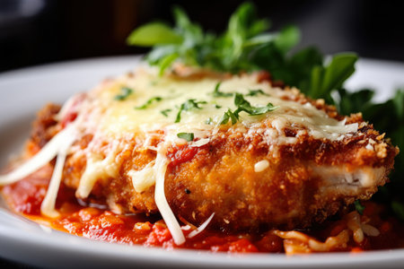 Close-up of juicy Chicken Parmesan with crispy breading, garnished with fresh herbs and served on a white plate, AI Generatedの素材