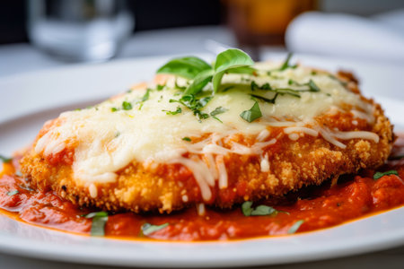 Close-up of juicy Chicken Parmesan with crispy breading, garnished with fresh herbs and served on a white plate, AI Generatedの素材