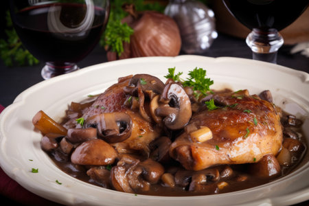 Close-up of mouth-watering Coq au Vin, a classic French dish with tender chicken cooked in red wine, mushrooms, and bacon, AI Generatedの素材