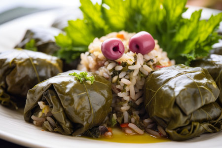 Close-up of savory stuffed grape leaves filled with a mouthwatering mixture of rice, onions, and herbs served on a bed of tabbouleh salad, AI Generatedの素材