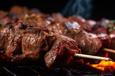 Close-up of Tasty Kebab Meat Skewers with Charred Edges, AI Generatedの素材