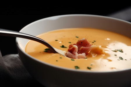 Close-up shot of a spoonful of lobster bisque soup with visible chunks of tender lobster meat, AI Generatedの素材