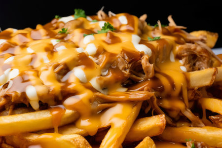 Close-up shot of loaded Poutine with a generous serving of crispy fries, cheese curds, savory gravy, and succulent pulled pork, AI Generatedの素材