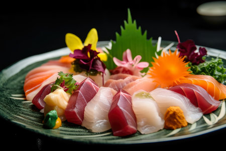Close-up of mouth-watering sashimi with intricate knife cuts and vibrant colors served with pickled ginger, AI Generatedの素材